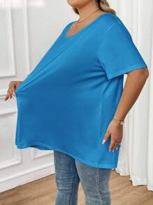 SHEIN CURVE+ Curve 大码/秋装/秋季女装/女士冬装/冬装大码纯色圆领休闲短袖 T 恤，夏季 - 藍色 - 查看 4