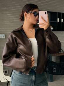 Dazy Plus Spring & Autumn New Vintage Style Short Faux Leather Jacket For Women, Plus Size Regular Fit Bomber Jacket For Valentine's Day,Fall Women Clothes Women Coats - Brown - View 9