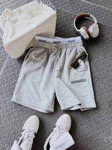 SHEIN Teenager Boys Casual Street Slogan Embroidery Sweatpants Shorts, Versatile & Comfortable, Suitable For Commuting, School, Daily Casual, Travel, Sports, Spring/Summer - Light Grey - View 1