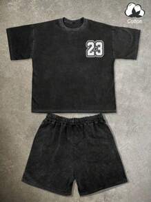 Manfinity EMRG Summer Men's Cotton Letter Print Drawstring Shorts And T-Shirt Set, Casual Street Style Outfit - Multicolor - View 2