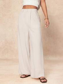 SHEIN PETITE Damen einfarbige plissierte weite Bein Lose Lässig Hose