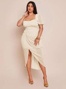 SHEIN BAE 大码女式绿色雪纺褶饰高开衩无袖连衣裙，短袖连衣裙，春夏