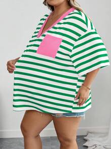 SHEIN CURVE+ Curves 大码/学校服装/返校服装/返校大码条纹休闲简约大码 T 恤适合夏季，带口袋大码 T 恤 - 彩色 - 查看 5