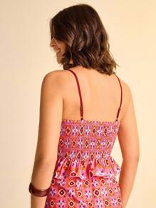 CAJUNI Women's Boho Style Fun Abstract Print, Spaghetti Strap Cami Top With Mini Ruffle Hem