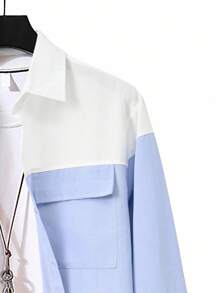 Manfinity Homme 男士拼色单排扣实用口袋长袖工作服男士时尚设计师款工作服，浅蓝白色工作服，秋季 - 彩色 - 查看 4