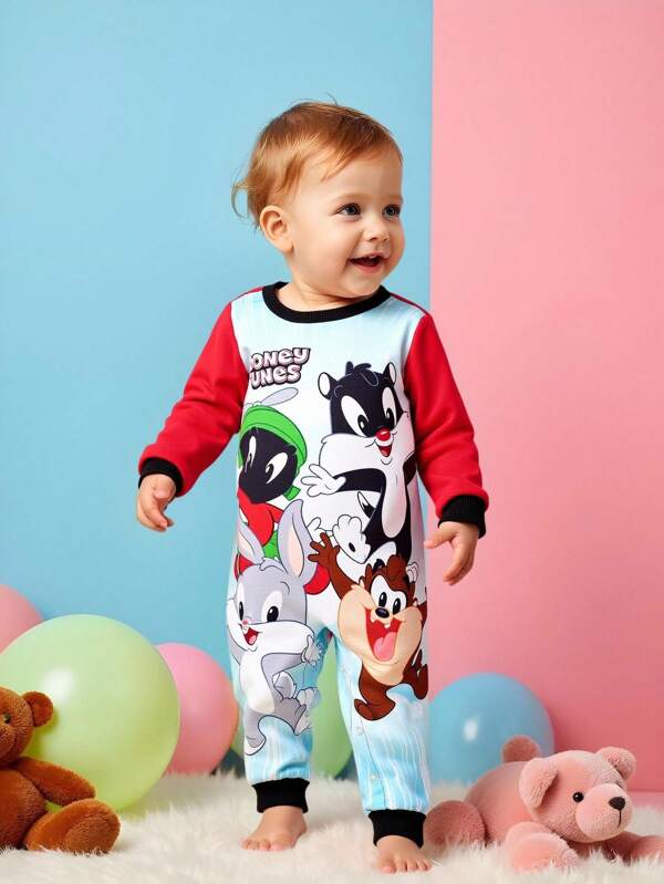 LOONEY TUNES X SHEIN Baby Boy Cute Cartoon Print Colorblock Footed Jumpsuit, Autumn/Winter