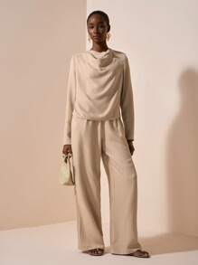 Zivah New Early Autumn Casual Elegant Daily Dating Commuting Party Intellectual Style Swing Collar High Collar Long Sleeve Loose Shirt + Straight Pants Jumpsuit Apricot Women's Two Pieces Suit-A - Apricot - View 6