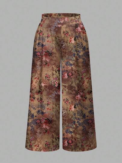 Fairycore Große Größen Braun Blumen Muster Loose Weite Bein Hosen, Lässiger Urlaubsstil