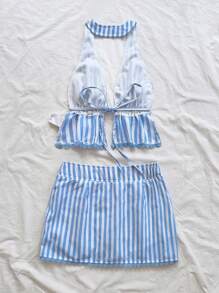 Soleia Textured Floral Trim Halter Cropped Backless Tie-Up Waist 2 Pieces Outfit For Women, Sexy Party Date Summer Wear For Vacation, Music Festival, Boho - Blue and White - View 2