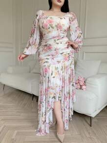 Feyla Plus Size Women's Spring/Summer Vacation Style Floral Print Square Neck Lantern Sleeve Ruffled Fitted Mermaid Hem Dress - Multicolor - View 3