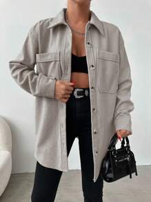 EURMUSE Dual Pocket Drop Shoulder Button Front Coat - Beige - View 6