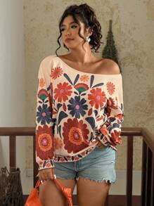 Travachic 大码女式休闲热带花卉印花露肩宽松长袖运动衫，适合夏季、秋季和冬季