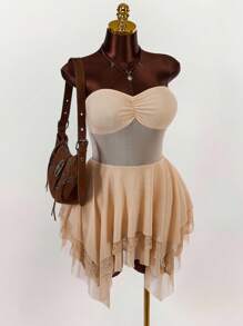Amplova 1 pieza Vestido mini sexy transparente con bajo asimétrico talla grande, para verano - Albaricoque - Ver 3
