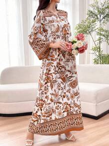 Yasmyna Vestido árabe con estampado floral, cuello en V con muescas y mangas de campana para mujer