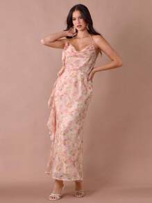 Enchnt Vestido largo de sirena con cuello de capucha, tirantes de espagueti, espalda descubierta y decoración de volantes con estampado floral rosa coral para mujer, para verano/otoño - Multicolor - Ver 4