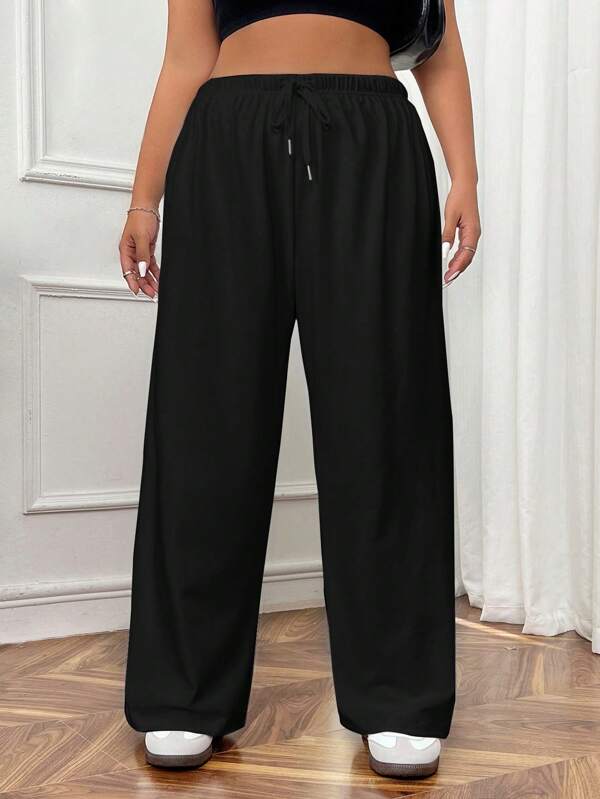 SHEIN EZwear Plus Size Solid Color Front Tie Simple Casual Sweatpants Graduation,Back To School Outfits,Graduation,Teacher Outfits For Women,Back To School