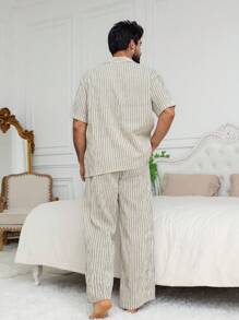 DAZY Khaki Stripe Textured Fabric Men's Pajama Set, Spring/Summer - Khaki - View 2