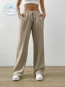 SHEIN EZwear 大码宽松抽绳腰棉质皱褶纹理休闲阔腿裤，夏季假日 - 淺灰色 - 查看 7