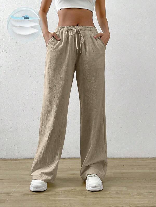 Solflare Pantaloni largi casual din bumbac, cu textură ridată, mărime mare, talie cu șnur, stil vară, pentru vacanță