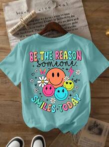 Glissea 女式夏季标语和笑脸印花短袖休闲圆领T恤 - 霧霾藍 - 查看 3