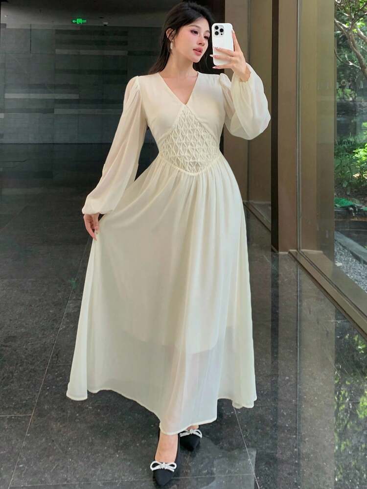 Women's Elegant Chiffon Long Dress,Cream White Autumn Graduation Luxury Prom Dress,Long Sleeve Drawstring Waist Tie Decor Casual Vacation Style