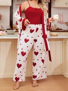 SHEIN 甜心印花睡衣套装，舒适时尚撞色睡袍套装，时尚风格，加大码，秋季服装，舒适装扮