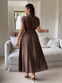 Vionelle 大码女式优雅休闲衬衫裙，立领，腰带，短袖，咖啡色，适合工作、度假、下午茶、音乐节 - 咖啡棕 - 查看 2