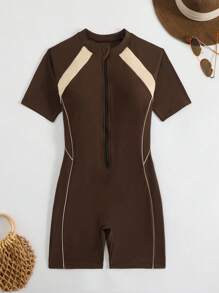 Swim SPRTY Springbreak Women Contrast Color Zipper Front Short Sleeve One-Piece Swimsuit With Shorts, Casual & Sun-Protective - Coffee Brown - View 1