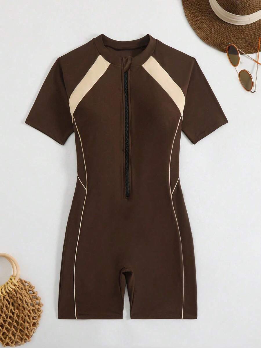 Swim SPRTY Springbreak Women Contrast Color Zipper Front Short Sleeve One-Piece Swimsuit With Shorts, Casual & Sun-Protective - Coffee Brown - View 1