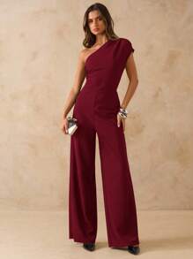 SHEIN BAE Bộ đồ liền thân ống rộng vai bất đối xứng màu đen dành cho nữ, trang phục đi chơi thanh lịch hàng ngày, hẹn hò, tiệc tùng, bộ đồ liền thân ống rộng vai bất đối xứng màu đen - Màu Đỏ Sâu - Xem 4