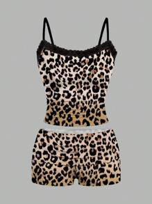 N_Standard Artist Y2k Women's Sexy Lace & Ombre Leopard Print Knit Camisole Top And Shorts Brown 2 Pieces Set, Going Out, Vacation, Spring & Summer Rave Outfits Festival, Ibiza Fits Suitable For Going Out - Khaki - View 1