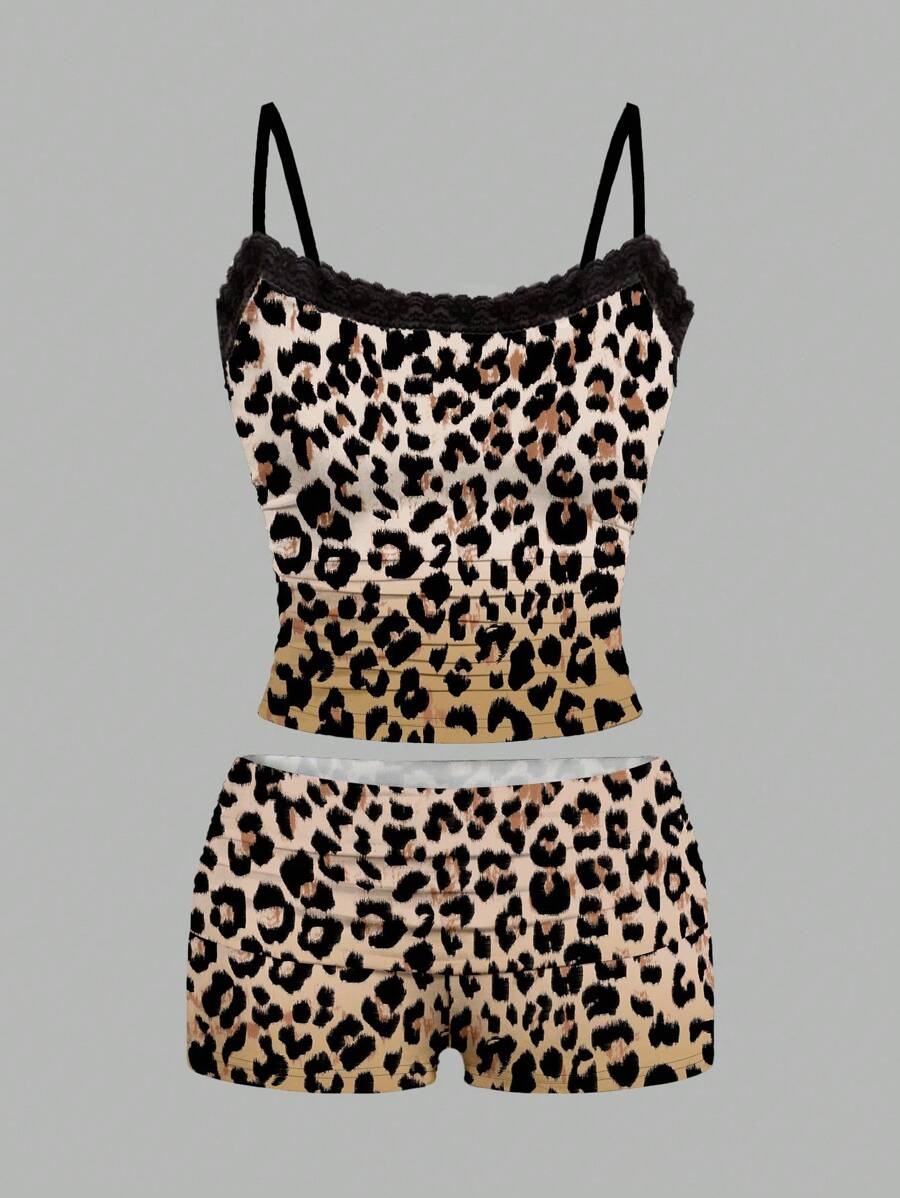 N_Standard Artist Y2k Women's Sexy Lace & Ombre Leopard Print Knit Camisole Top And Shorts Brown 2 Pieces Set, Going Out, Vacation, Spring & Summer Rave Outfits Festival, Ibiza Fits Suitable For Going Out - Khaki - View 1