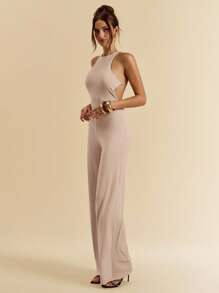 SHEIN BAE 女士夏季性感露背连体裤黑色连体裤海边度假连体泳衣泳装夜间外出度假装 - 卡其色 - 查看 6