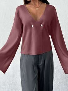 SHEIN Tall Áo khoác cardigan nữ cổ chữ V màu trơn cao, cài nút phía trước, thả vai - Bụi hồng - Xem 3