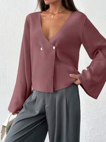 SHEIN Tall Áo khoác cardigan nữ cổ chữ V màu trơn cao, cài nút phía trước, thả vai - Bụi hồng - Xem 4