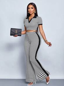 SOLERSUN Women 2pcs Set: Color Block Striped Knit Texture Polo Collar Short Sleeve T-Shirt And Flared Pants (Random Flower)