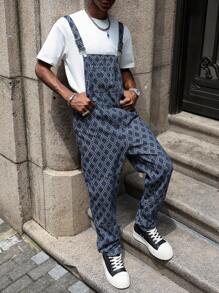 PAVTROS Manfinity Streetrush Men's Navy Argyle Print Casual Denim Bib Overalls