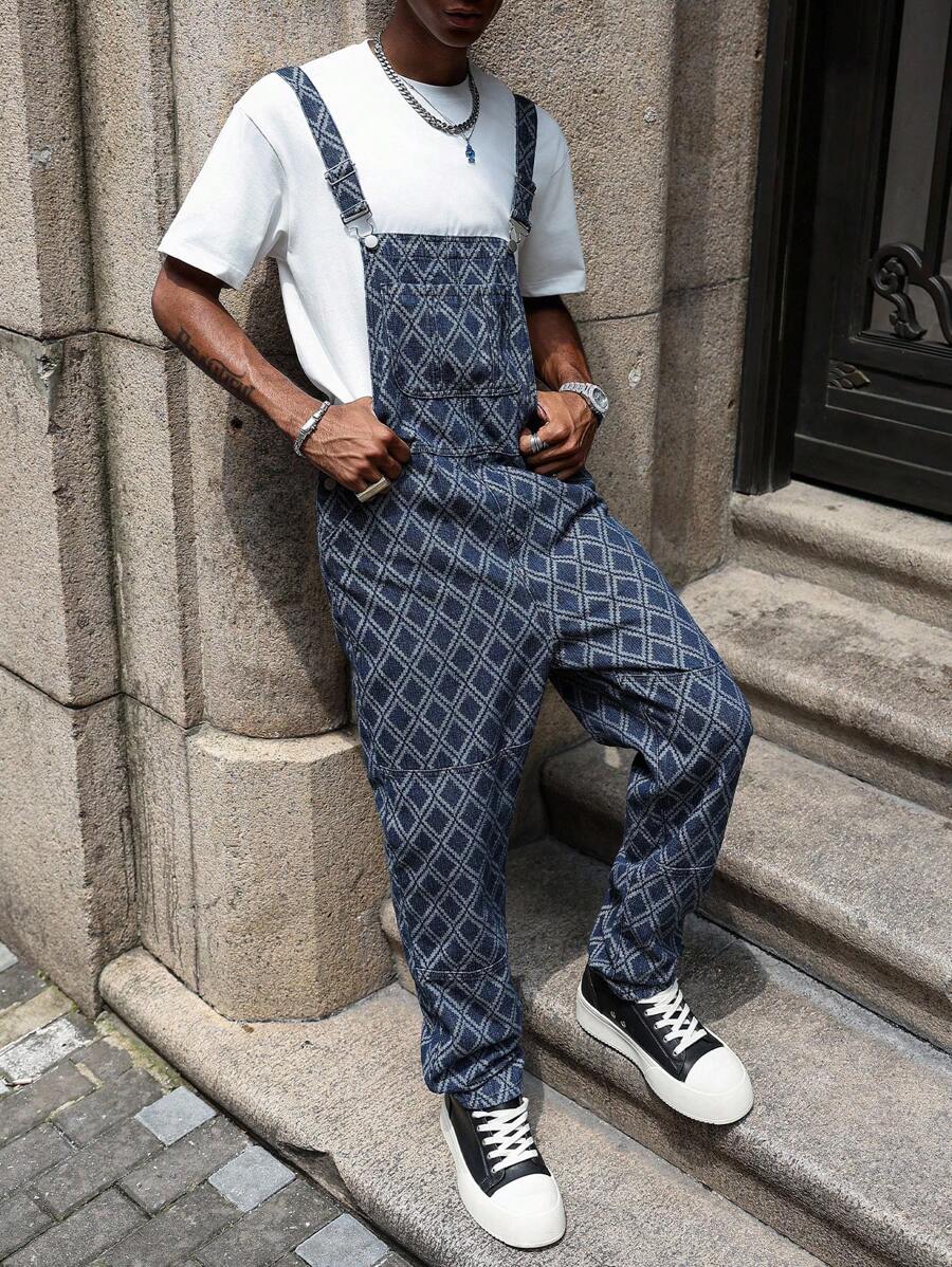 PAVTROS Manfinity Streetrush Men's Navy Argyle Print Casual Denim Bib Overalls
