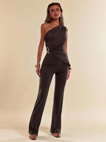 SHEIN BAE Women Solid Color Casual Off Shoulder Top & Pants Set - Coffee Brown - View 4