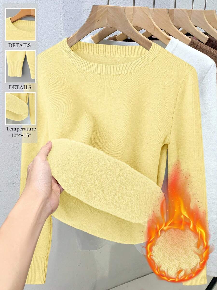 Franclia 女式修身落肩圆领保暖毛衣针织套头衫秋冬 - 黃色 - 查看 1