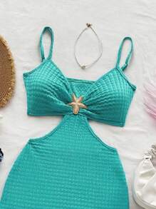 Soleia 性感镂空腰部吊带背心纹理面料女式迷你连衣裙，适合节日、约会、下午茶、度假、音乐节、波西米亚风、钩针编织、亚麻 - 藍色 - 查看 7