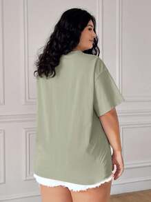 SHEIN EZwear Plus Size Blue Daisy Embroidered Short Sleeve Casual T-Shirt, Spring/Summer Clothes - Olive Green - View 3