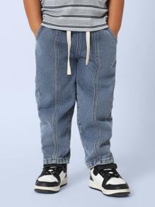 SUMWON 男童宽松牛仔裤，波浪纹拼接，松紧腰带抽绳设计，四季皆宜，日常穿着时尚百搭，适合秋冬季节度假穿着 - 藍色 - 查看 3