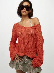 SUMWON WOMEN 钩针编织沙滩罩衫露肩长袖针织毛衣束腰外衣泳衣罩衫度假沙滩装套头衫 - 棕色 - 查看 6