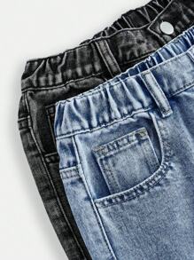 2 件套青少年女孩男女通用直筒牛仔裤，灰色和蓝色水洗，适合学校、周末、学习班