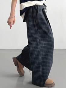 FRIFUL 女士撞色弹力腰抽绳格子直筒裤带口袋休闲裤，秋季款 - 彩色 - 查看 1