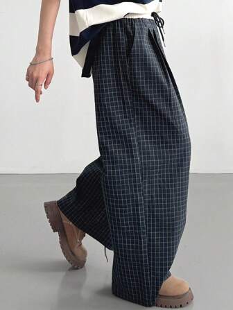 FRIFUL Pantalones casuales rectos de mujer con bolsillos, cintura elástica con cordón y estampado a cuadros, de otoño