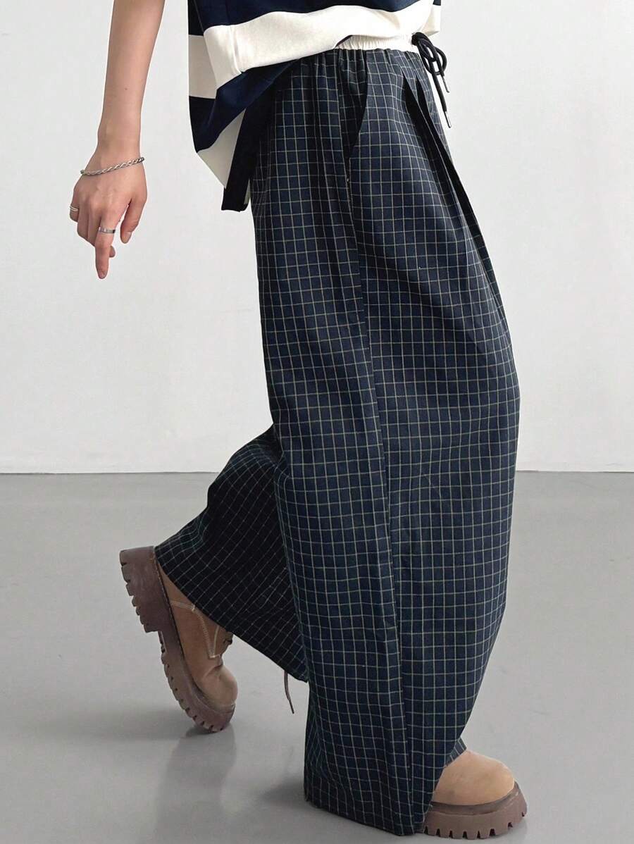 FRIFUL 女士撞色弹力腰抽绳格子直筒裤带口袋休闲裤，秋季款 - 彩色 - 查看 1