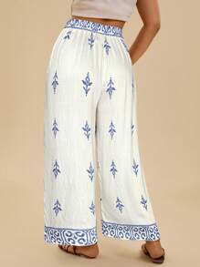 SHEIN VCAY Plus Size Women's Casual Geometric Print Linen Blend Loose Summer Pants