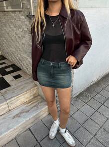 Forever 21 Casual Washed Blue Denim Mini Skirt - Navy Blue - View 8